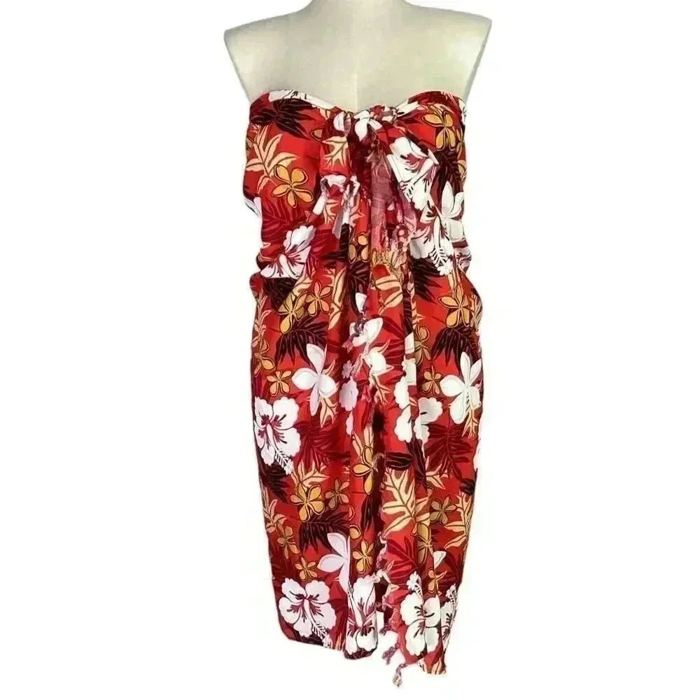 Vintage HIBISCUS COLLECTION HAWAII Wrap Scarf Sarong Red Floral Fringe Beach